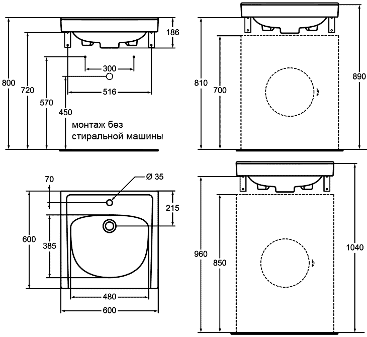 Размеры и установка раковины над стиральной машиной