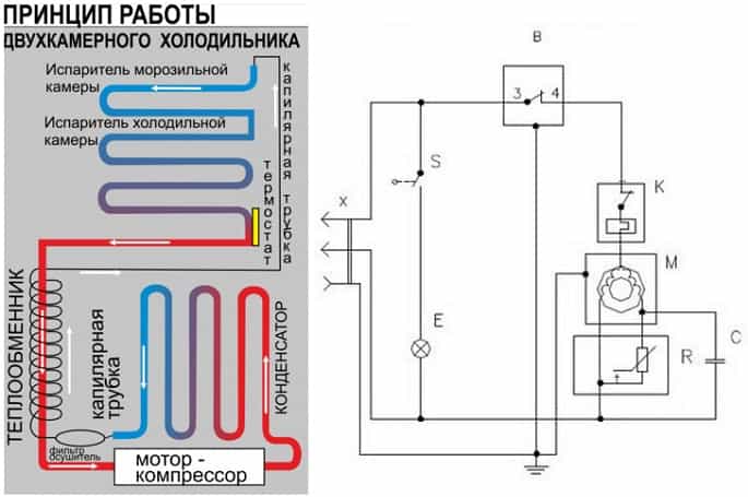 Схема работы двухкамерного холодильника с одним компрессором